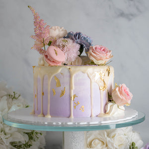 Lavender Watercolour, white chocolate drip, fresh flowers, 2 macarons, edible gold
